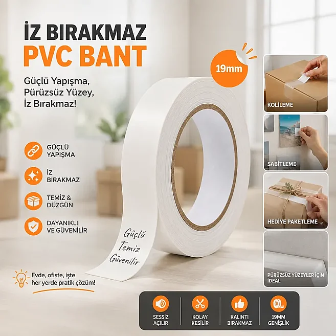 24mmx66 Metre İz Bırakmayan Beyaz PVC Ambalaj Bantı - 2