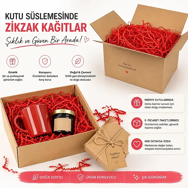 Zikzak Kırpık Kağıt Dolgu Malzemesi - Kırmızı - 1 Kg. - 1